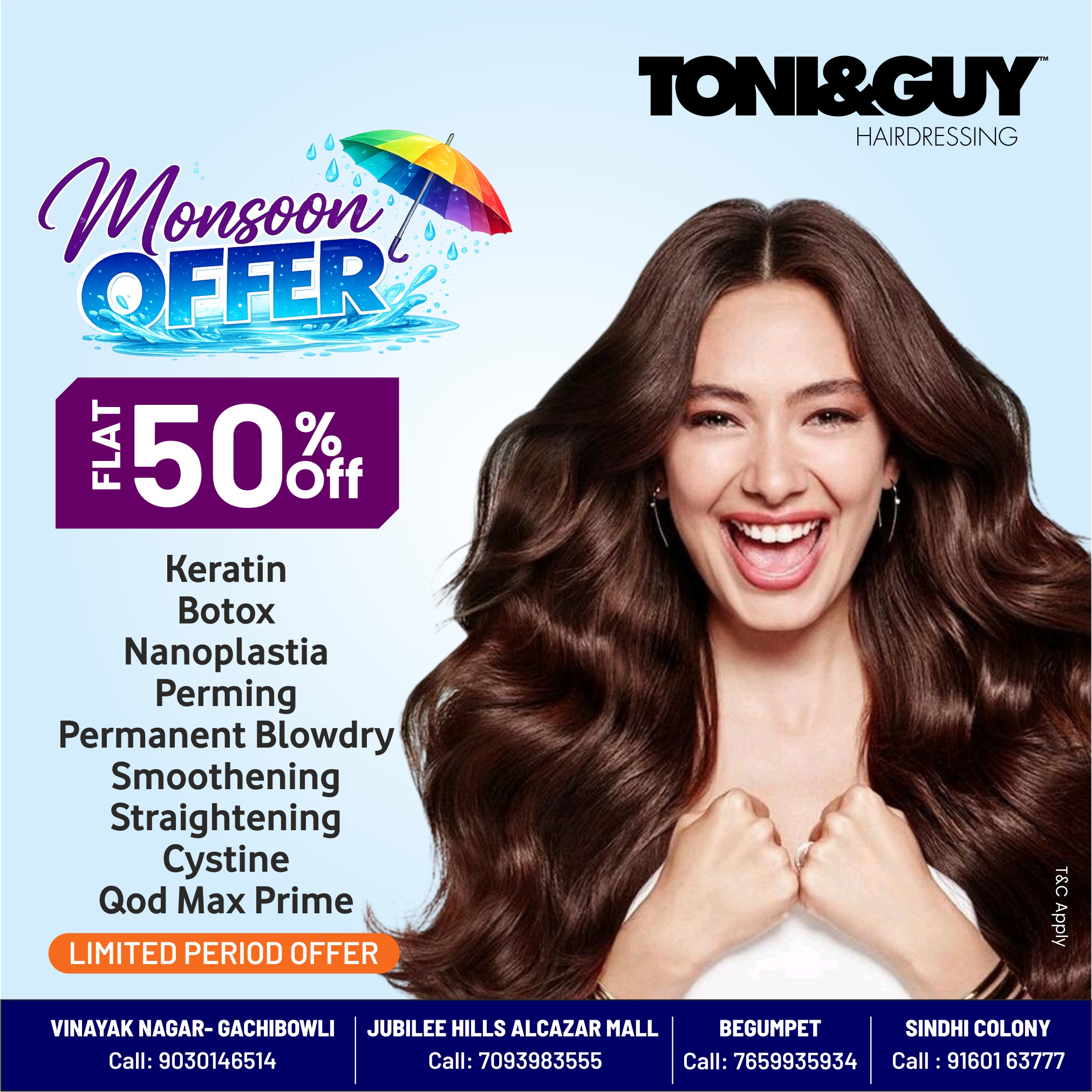 Toni&guy_gachibowli Facebook ad: Monsoon Offer, Flat 50% OFF Hair Treatments