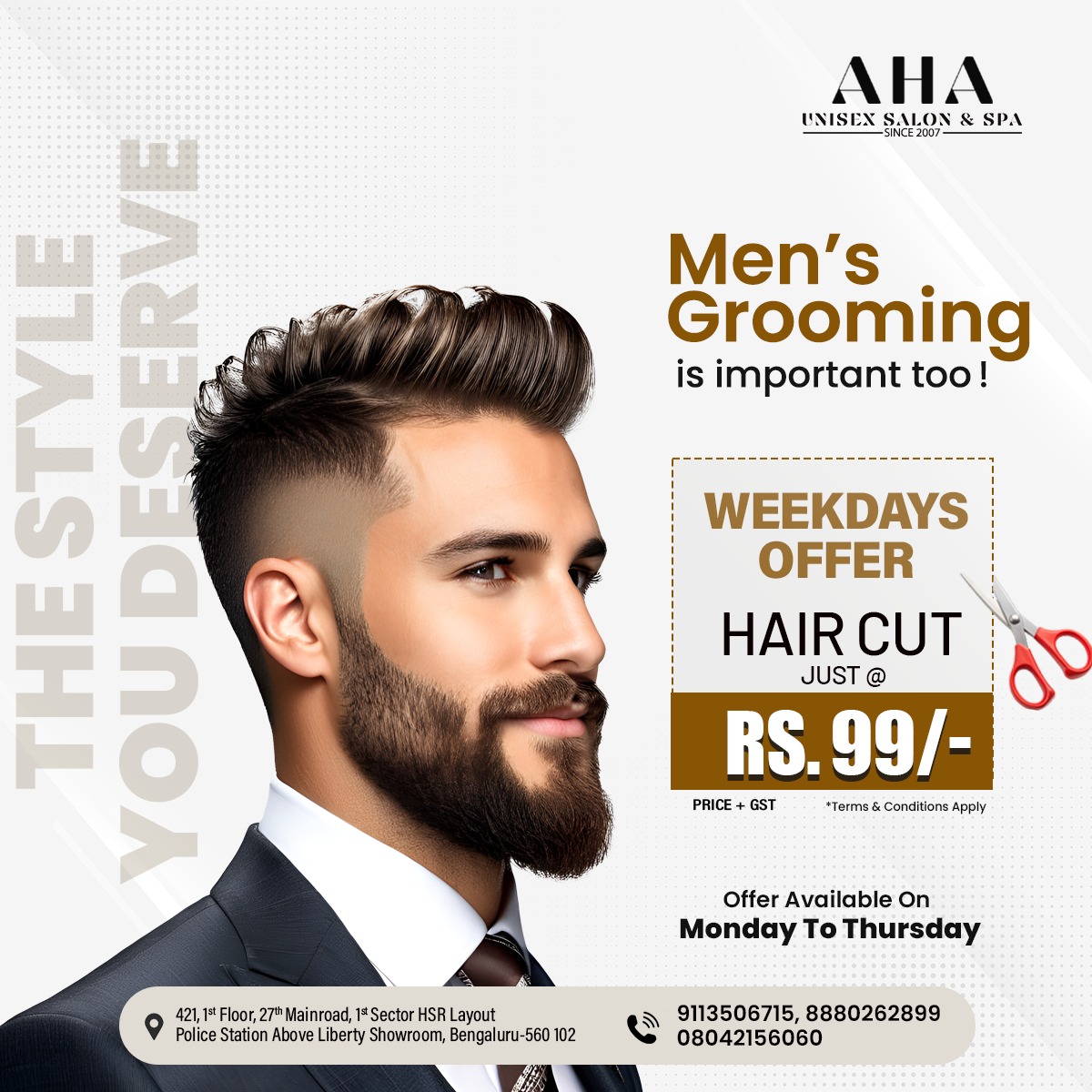 Aha Unisex Salon & Spa Facebook ad: Weekdays Offers Men's Hair Restyle @ 99/-