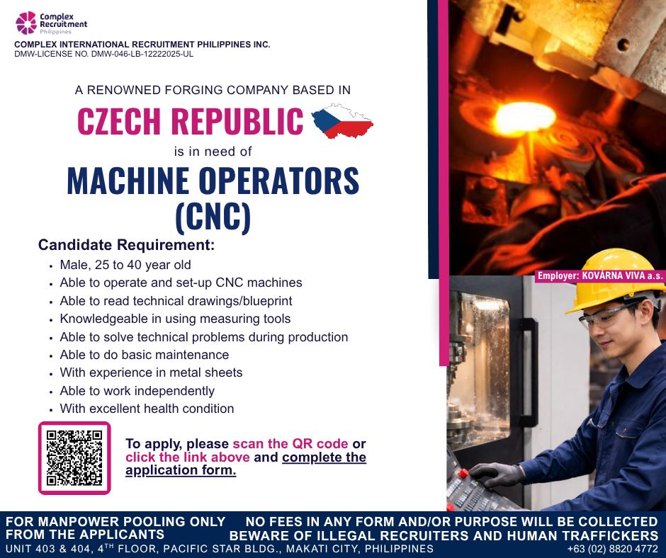 Complex International Recruitment Philippines Inc. Facebook ad: AVAILABLE POSITION IN THE CZECH REPUBLIC