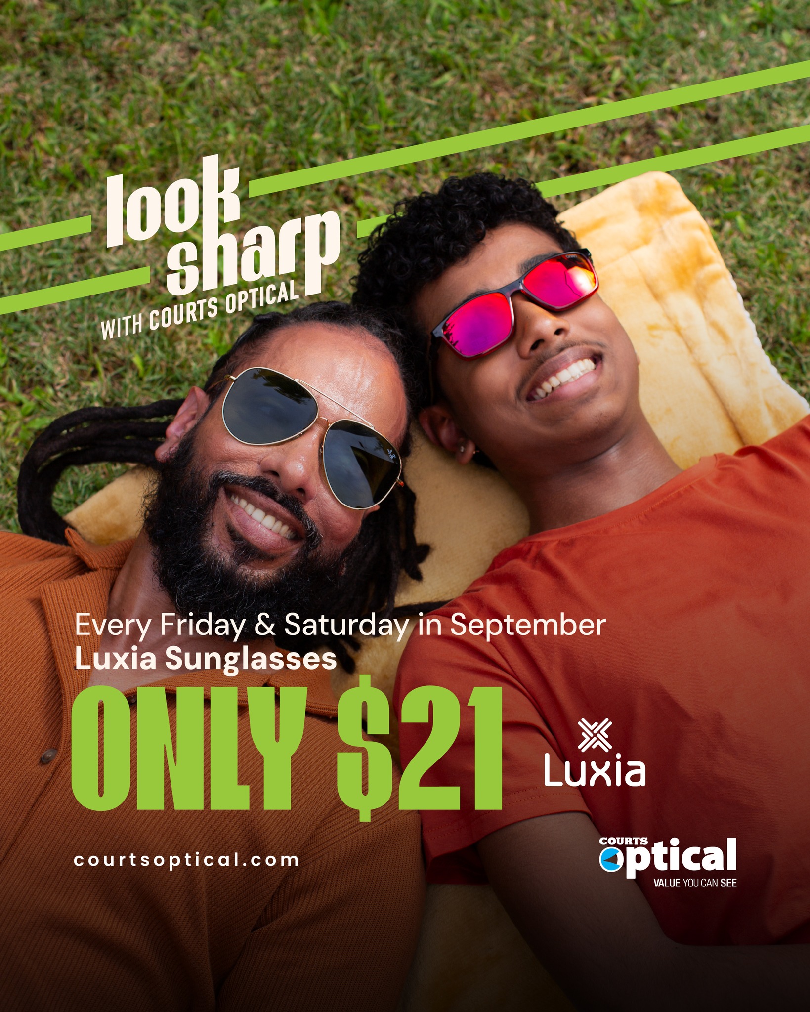 Courts Optical Belize Facebook ad: Weekend plans? Make sure great shades are part…