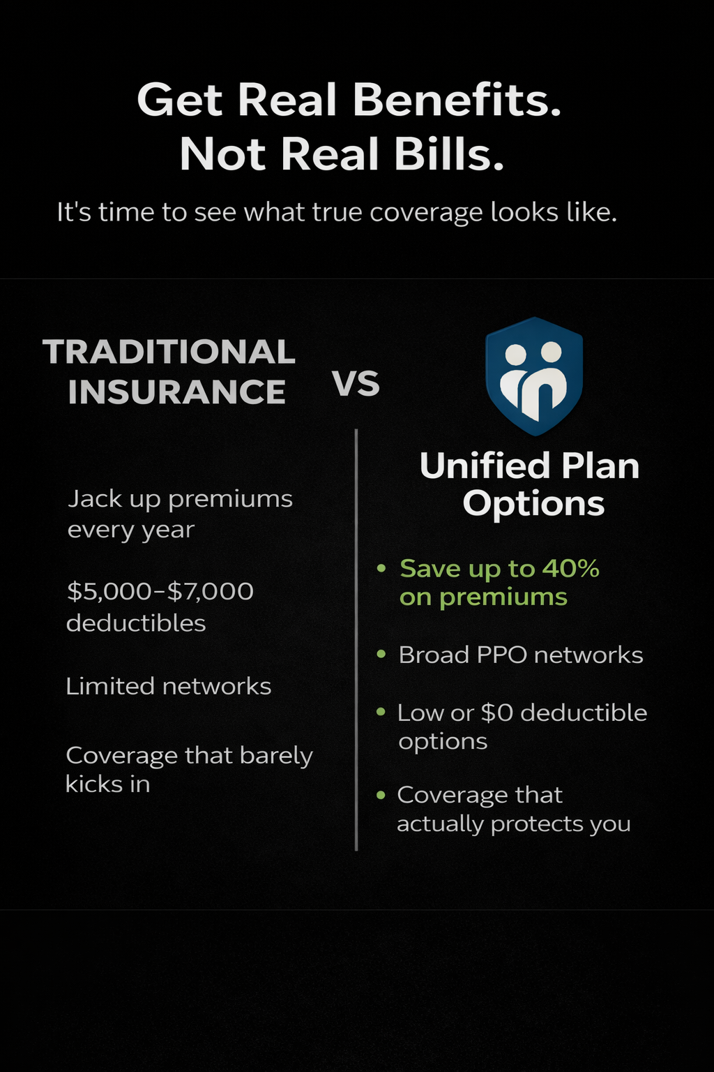 Unified Plan Options Facebook ad: Lower-Cost Coverage Without High Out-of-Pocket Risk