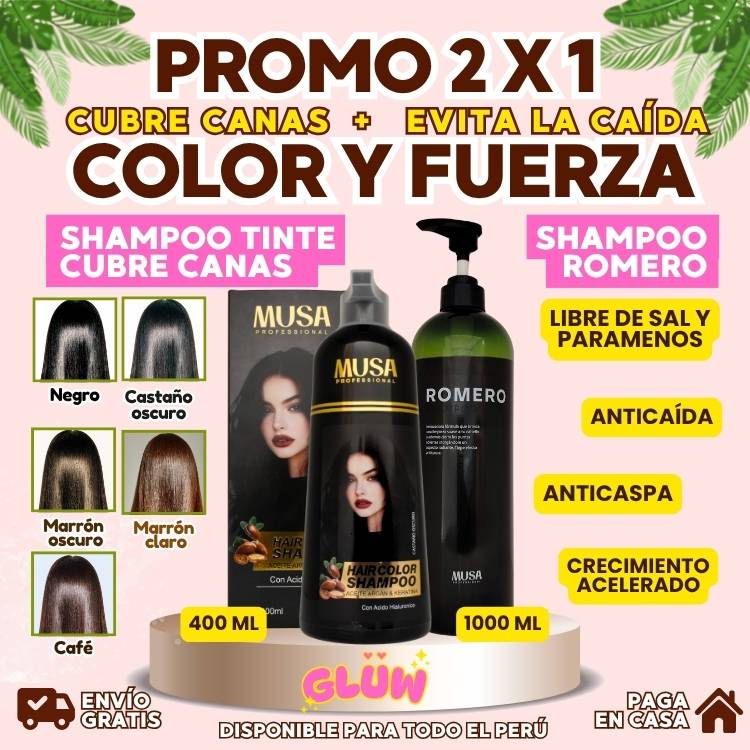 GLUW PERÚ Facebook ad: COMBO ANTÍCANAS + ANTICAÍDA(SHAMPOO TINTE DE 400ML +…