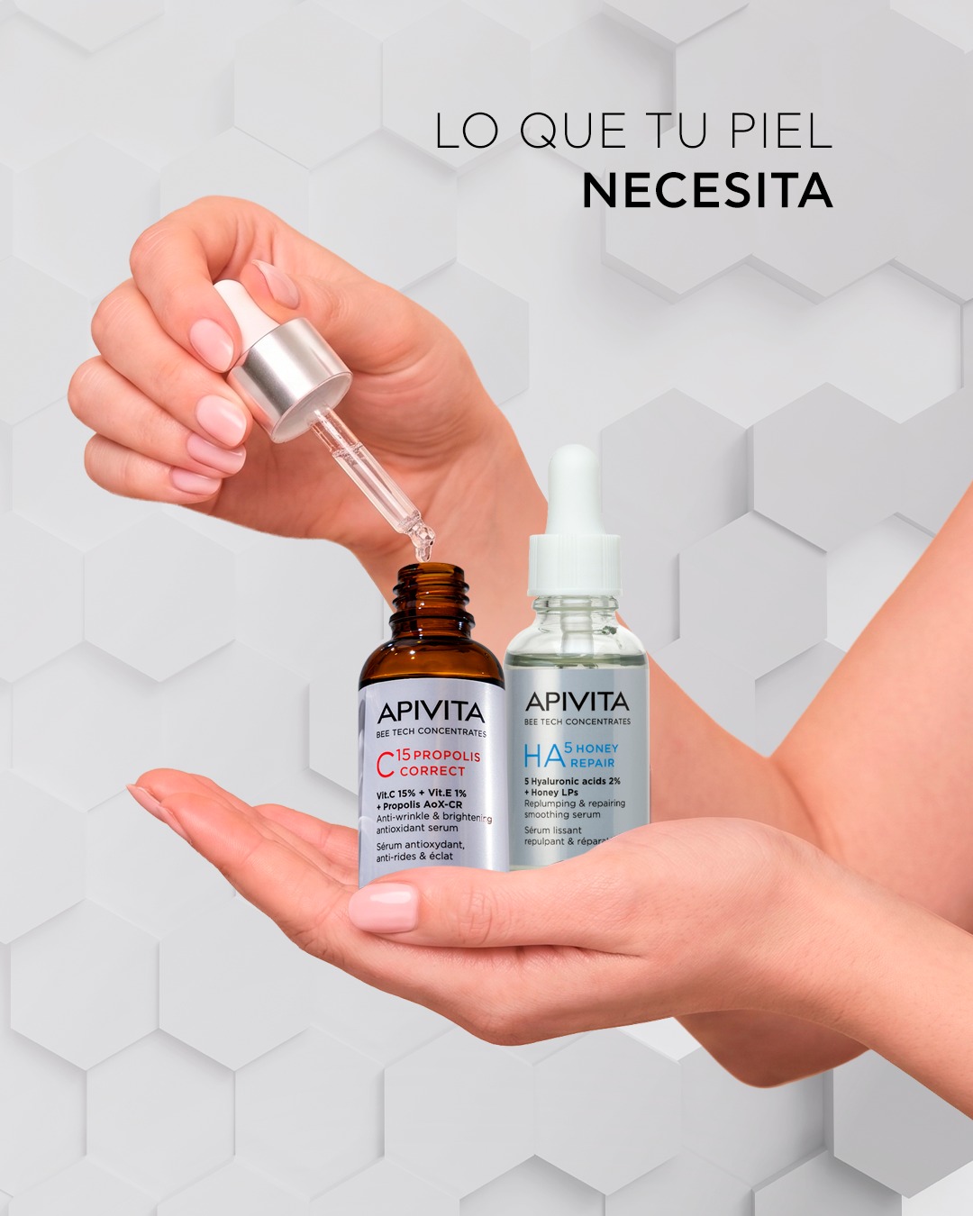 Apivita Facebook ad: Dos serums, dos necesidades, una piel radiante Serum…