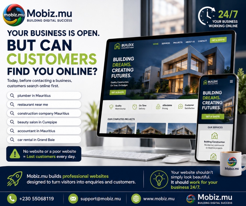 Mobiz.mu Facebook ad: **YOUR BUSINESS IS OPEN.