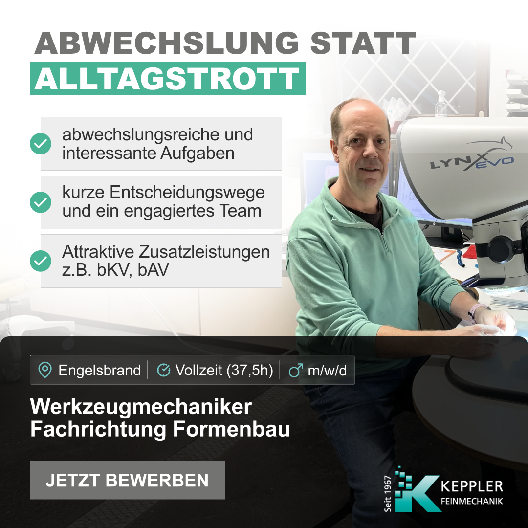 Keppler Feinmechanik Facebook ad: Werde unser Werkzeugmechaniker (m/w/d) im Formenbau!