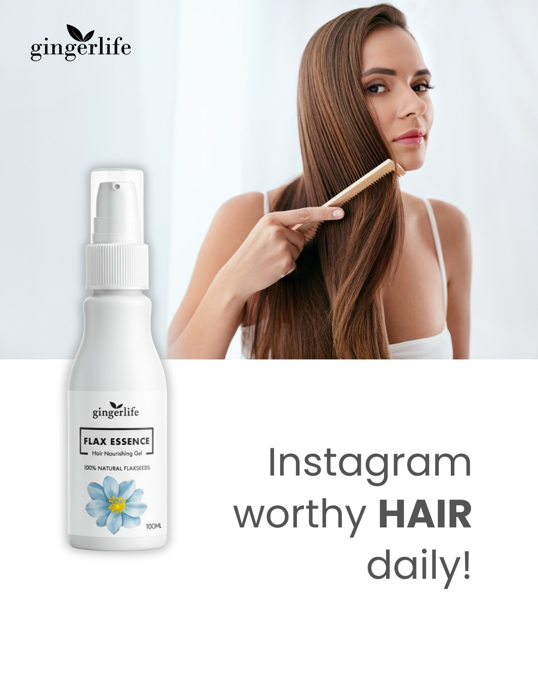 Ginger Life Facebook ad: Transform Dry, Frizzy Hair → Silky, Strong & Shiny