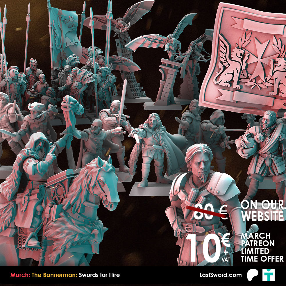 Last Sword Miniatures Facebook ad: February Release: The Bannerman: Swords for Hire