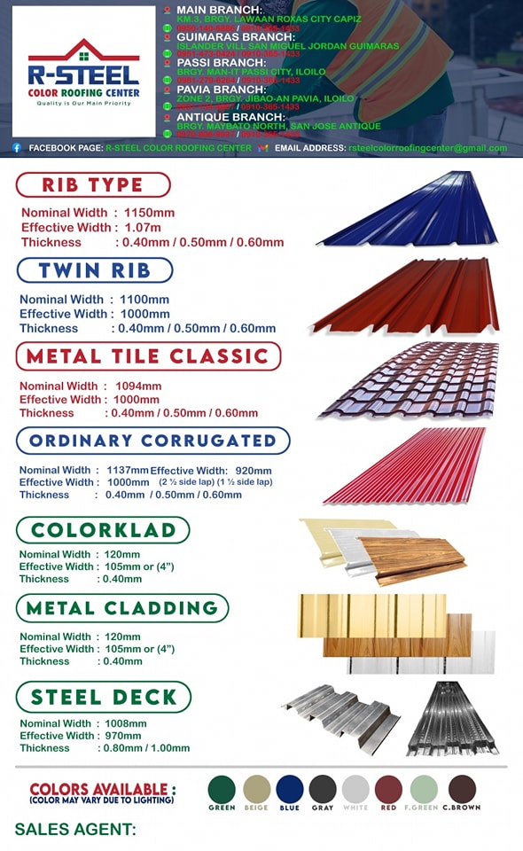 R-Steel Color Roofing Center Roxas City Branch Facebook ad: For Your Roofing, Cladding, Steeldecking, G.I.