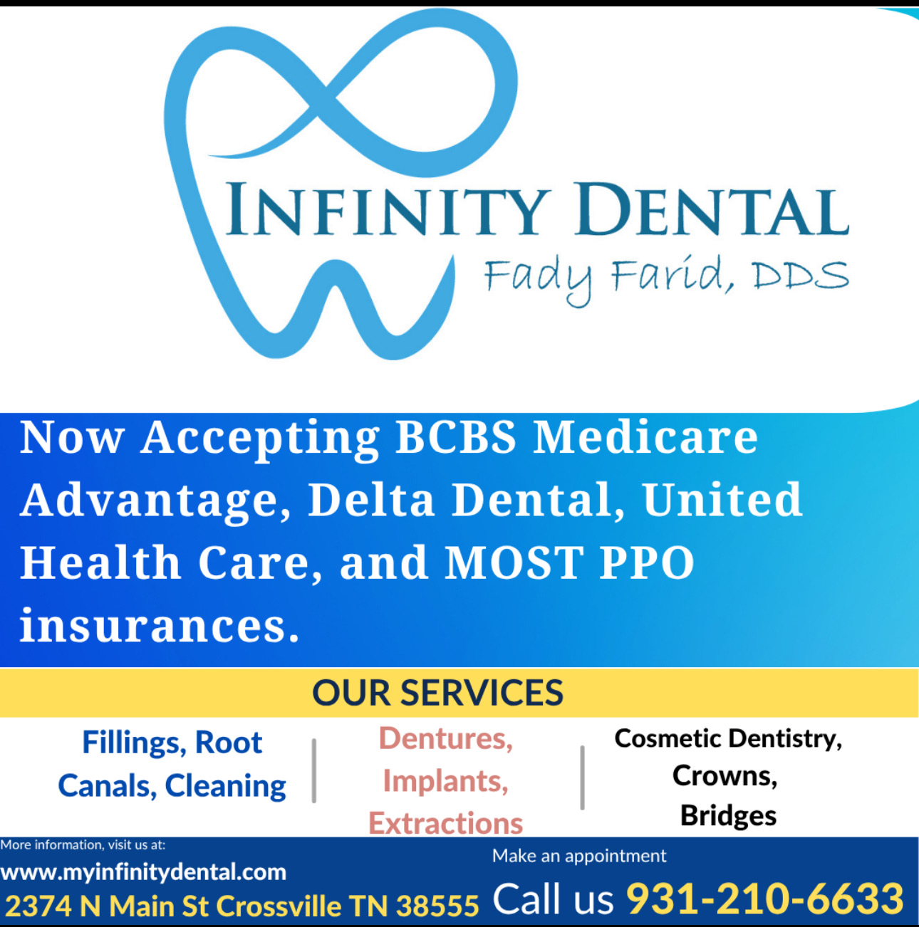 Infinity Dental Crossville Facebook ad: Now Accepting New Patients.