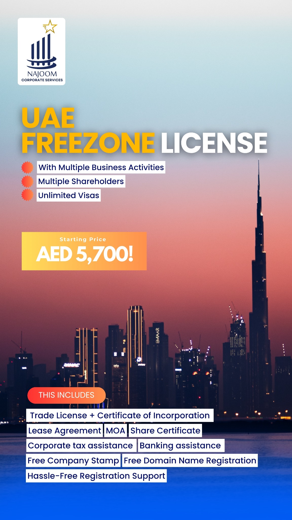 Najoom Corporate Services Facebook ad: Expand Your Business to Dubai Freezone - 0%…