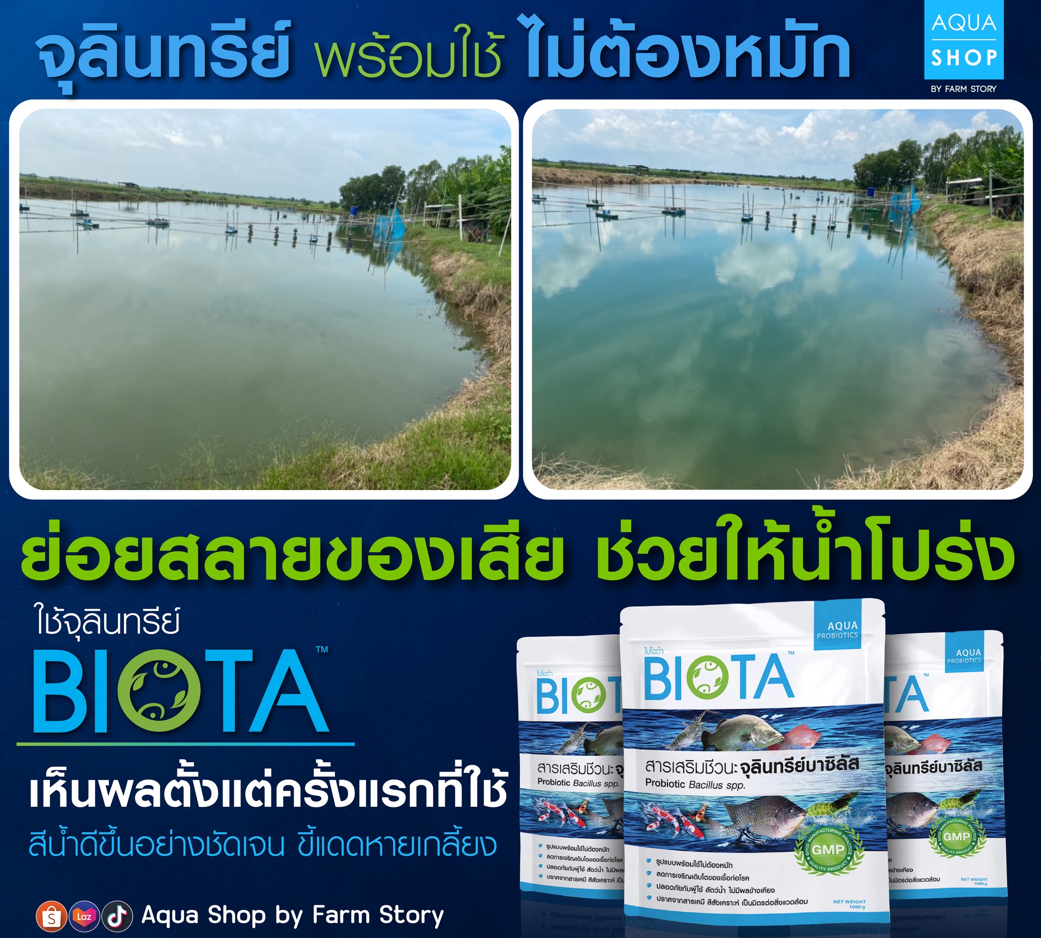 AQUA SHOP by Farm story Facebook ad: น้ำเขียว ขี้แดดเยอะ ปัญหาที่พบบ่อยในการเลี้ยงสัตว์น้ำ