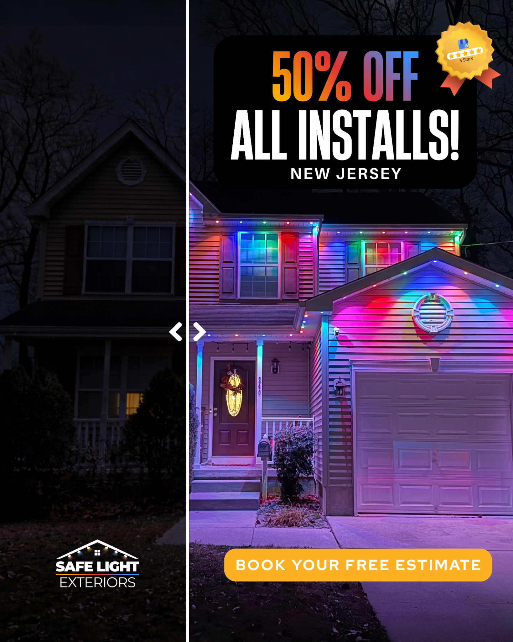 Safe Light Exteriors Facebook ad: 50% Off Installs: Off-Season Sale