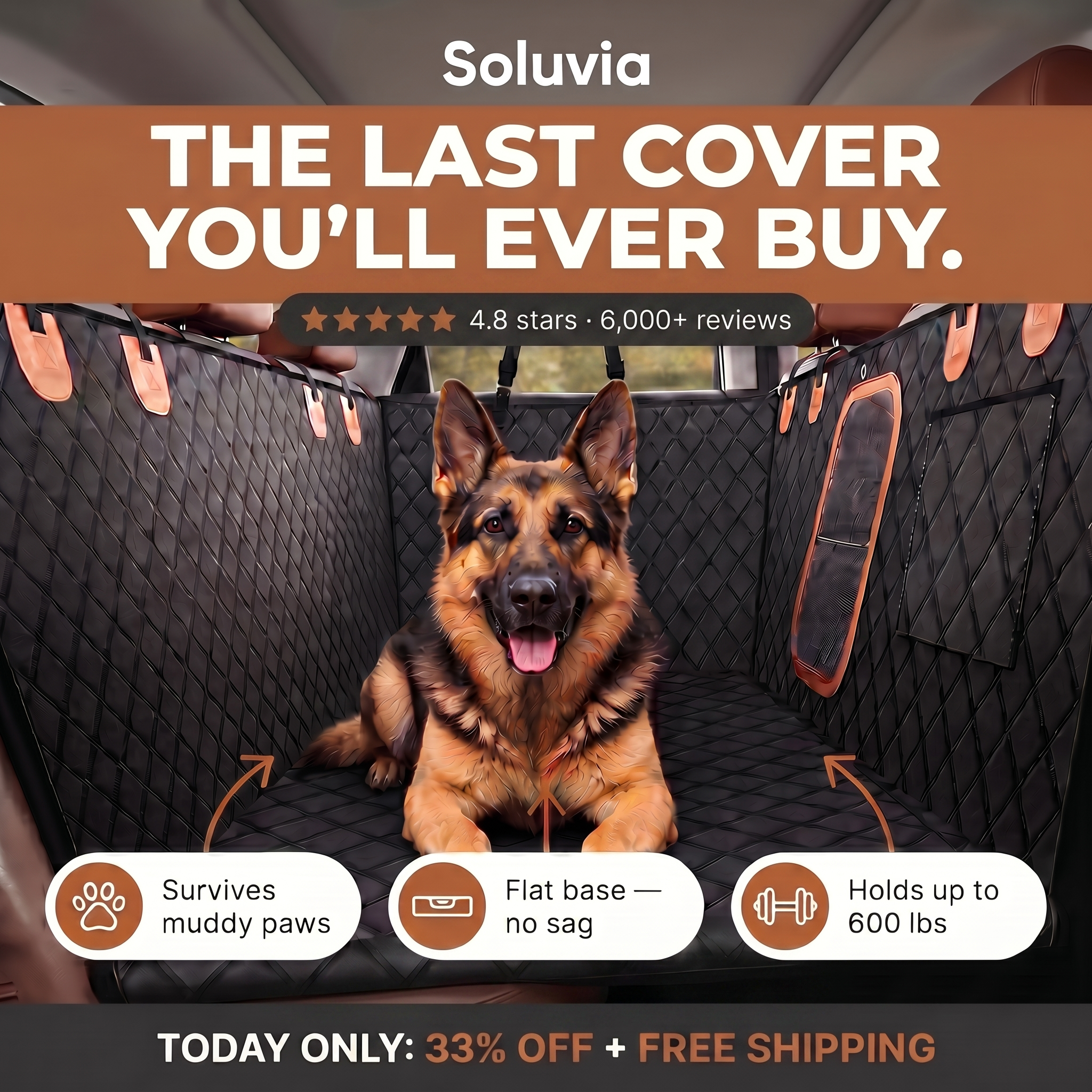 Soluvia Facebook ad: The Last Dog Seat Cover You'll Buy