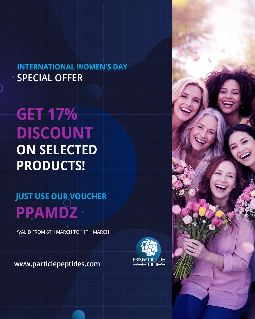 Particle Peptides Facebook ad: International Women’s Day