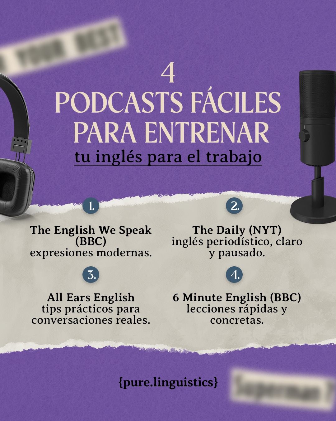 Pure Linguistics Facebook ad: Los podcasts son tu mejor aliado: te ayudan…