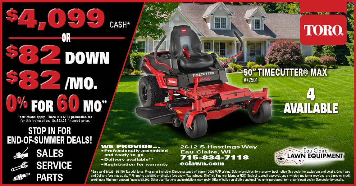 Eau Claire Lawn Equipment LLC Facebook ad from Aug 6, 2026