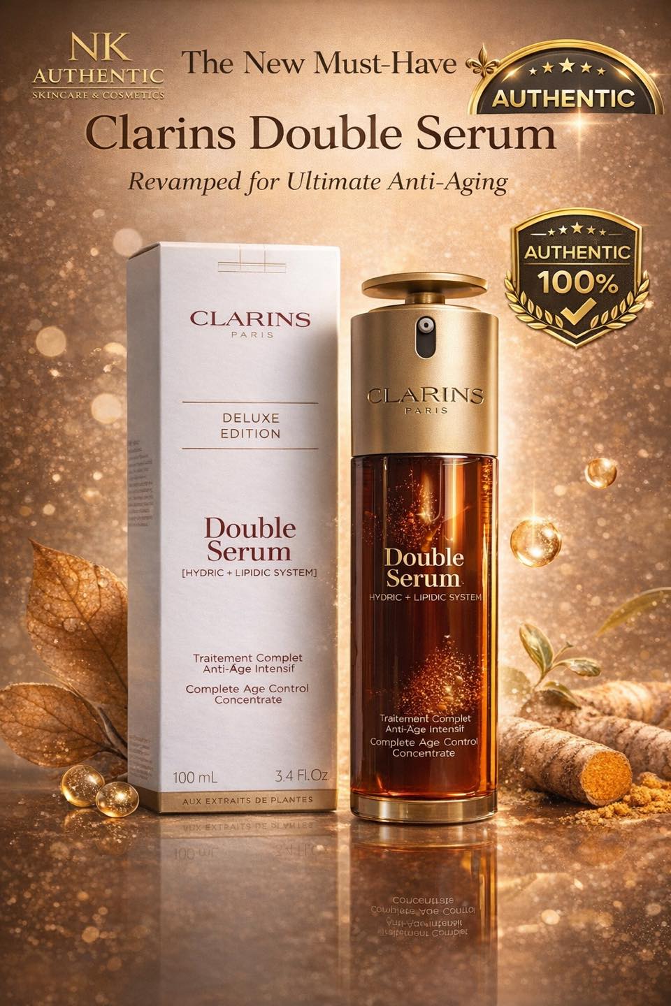 NK Authentic Skincare & Cosmetics Facebook ad: အရမ်း Trend ဖြစ်နေတဲ့ Clarins Double Serum