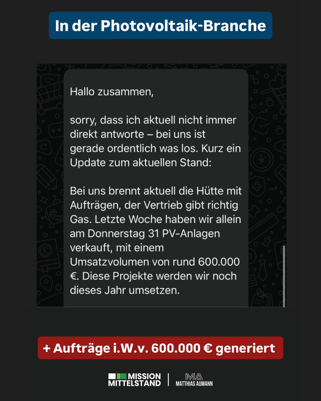Matthias Aumann Facebook ad: 31 PV-Anlagen an einem Tag. 600.000 € Umsatzvolumen. PV.