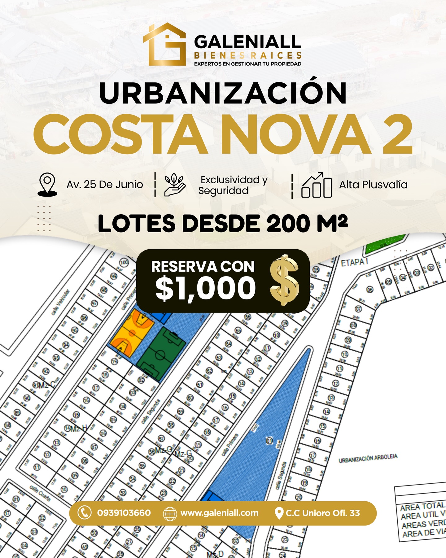 Galeniall Bienes Raíces Facebook ad: Reserva tu terreno con $1.000