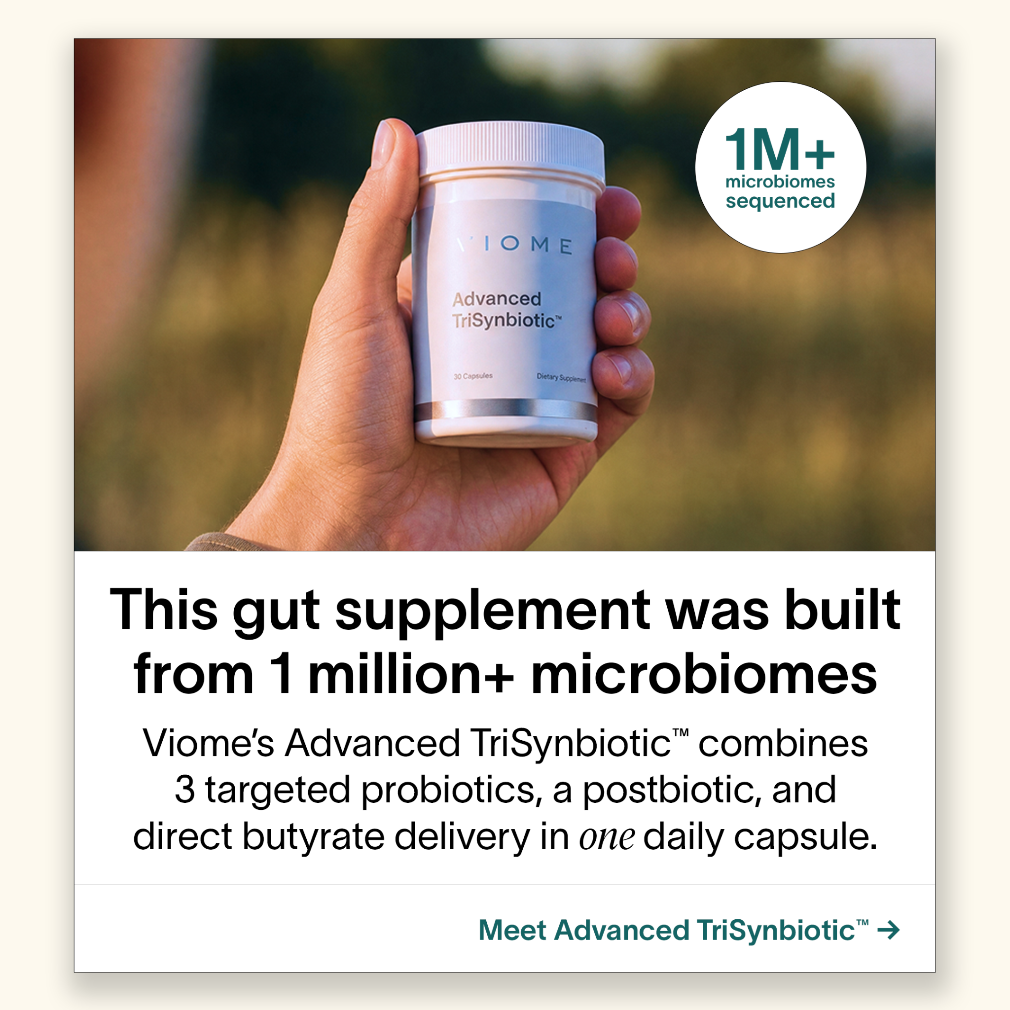 Viome Facebook ad: Built From One Million Microbiomes.