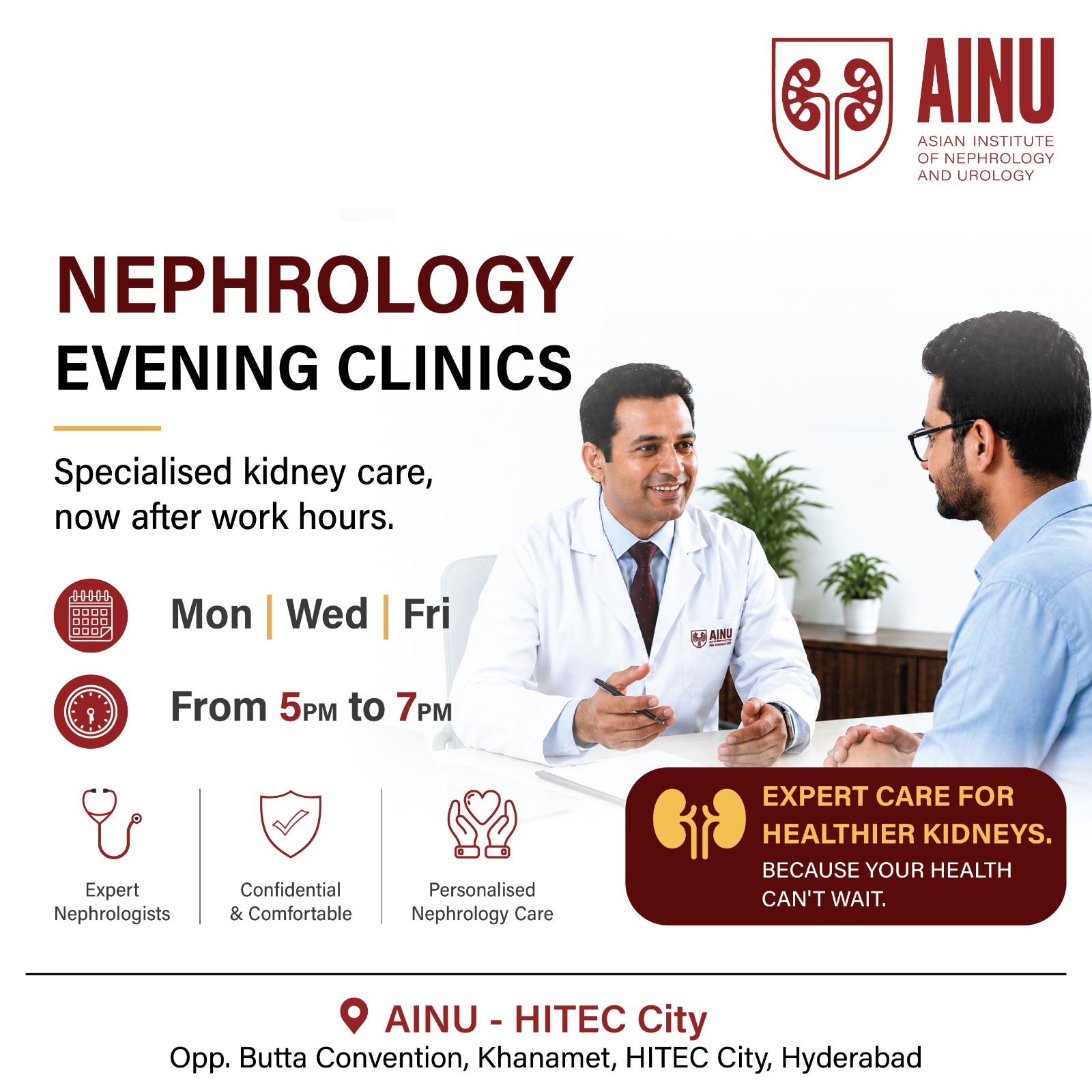 AINU Hospital - Hyderabad Facebook ad: Consult a Nephrologist After Office Hours