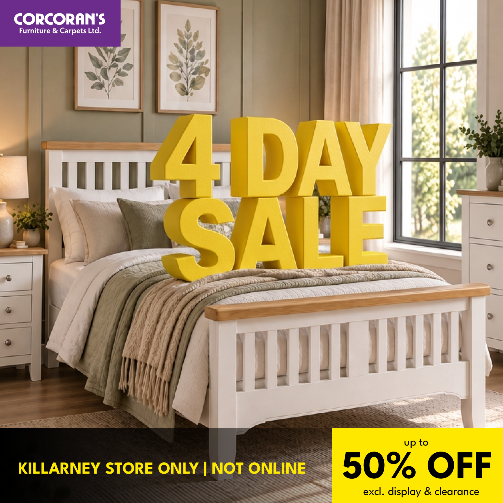 Corcorans Furniture & Carpets Facebook ad: Visit Us In Killarney, Up to 50% Off