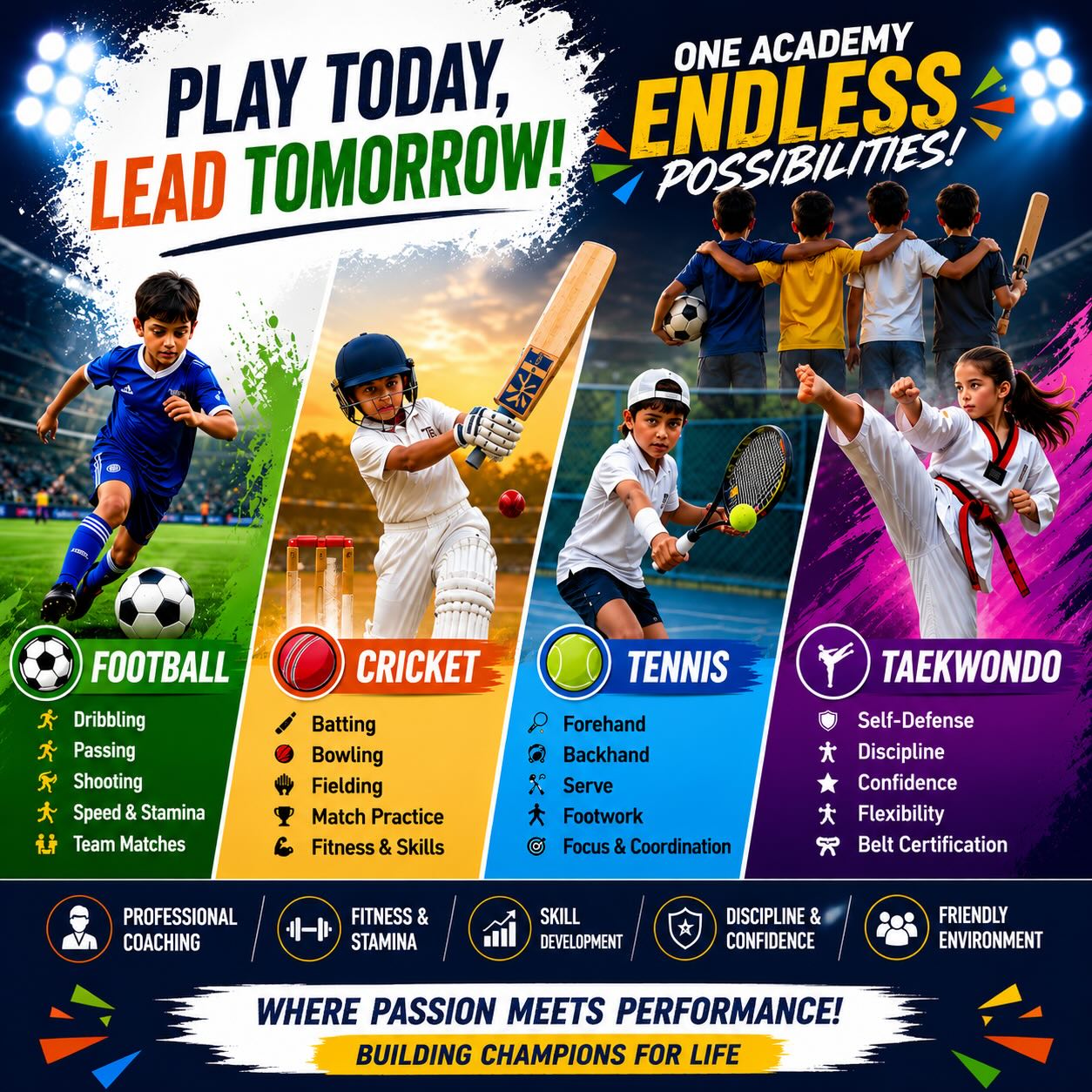 Dew Sports Academy Facebook ad: One Academy. Endless Possibilities.