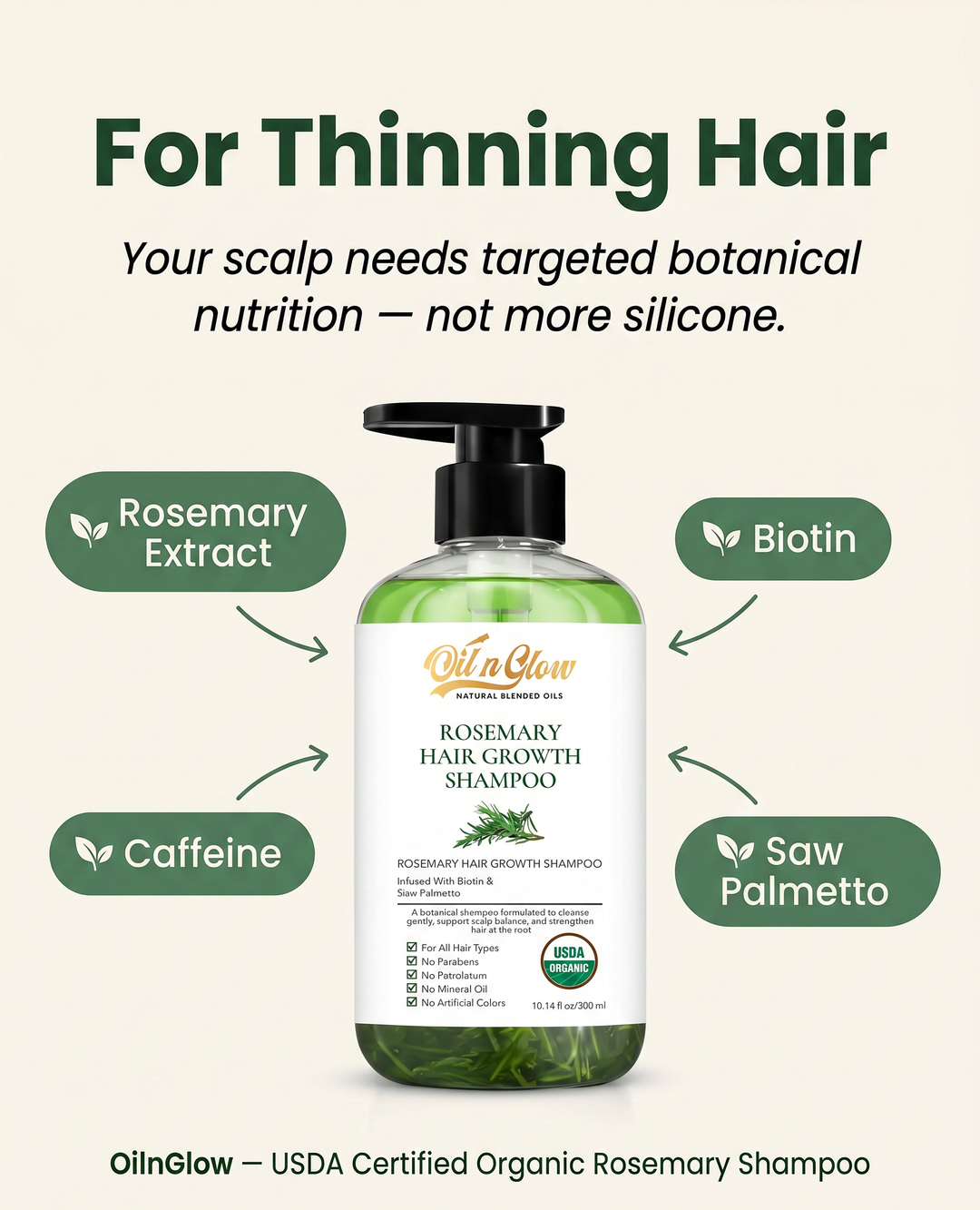OilnGlow Facebook ad: Gentle Cleansing. Stronger-Looking Hair.