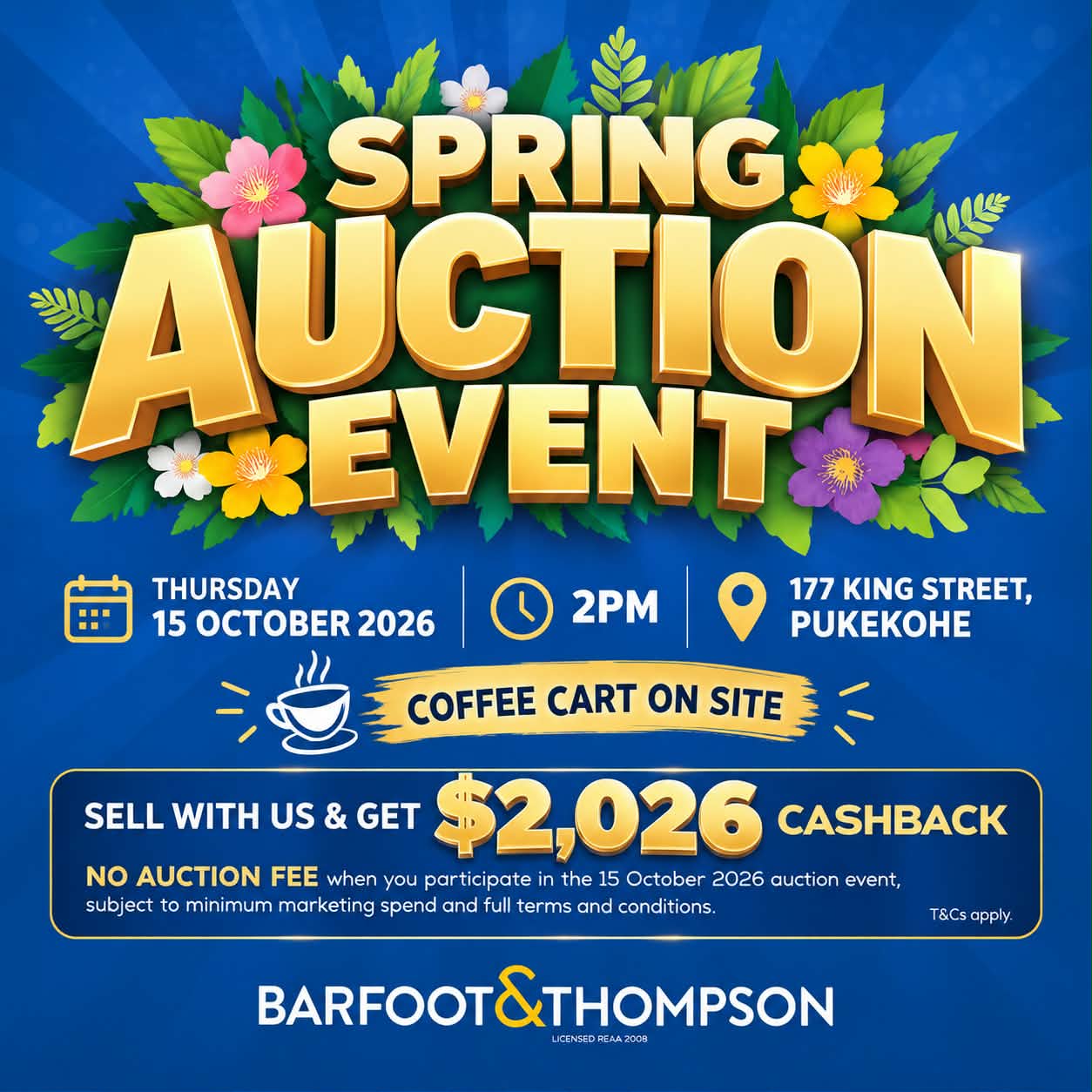 Barfoot & Thompson Pukekohe Facebook ad: Sell This Spring & Get $2,026 Cashback