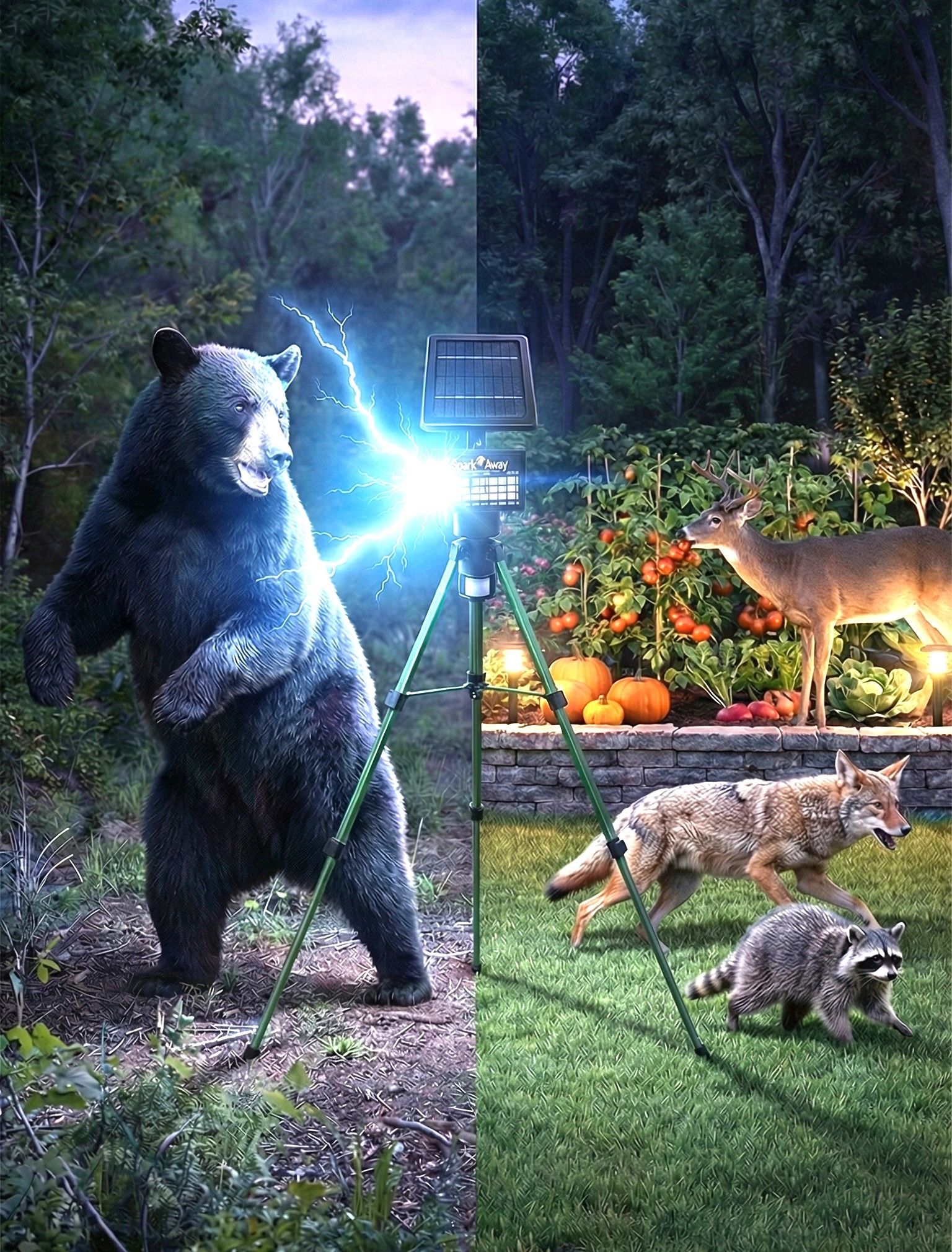 Spark-Away Animal Deterrent Facebook ad: Proudly presenting spark-away.com.