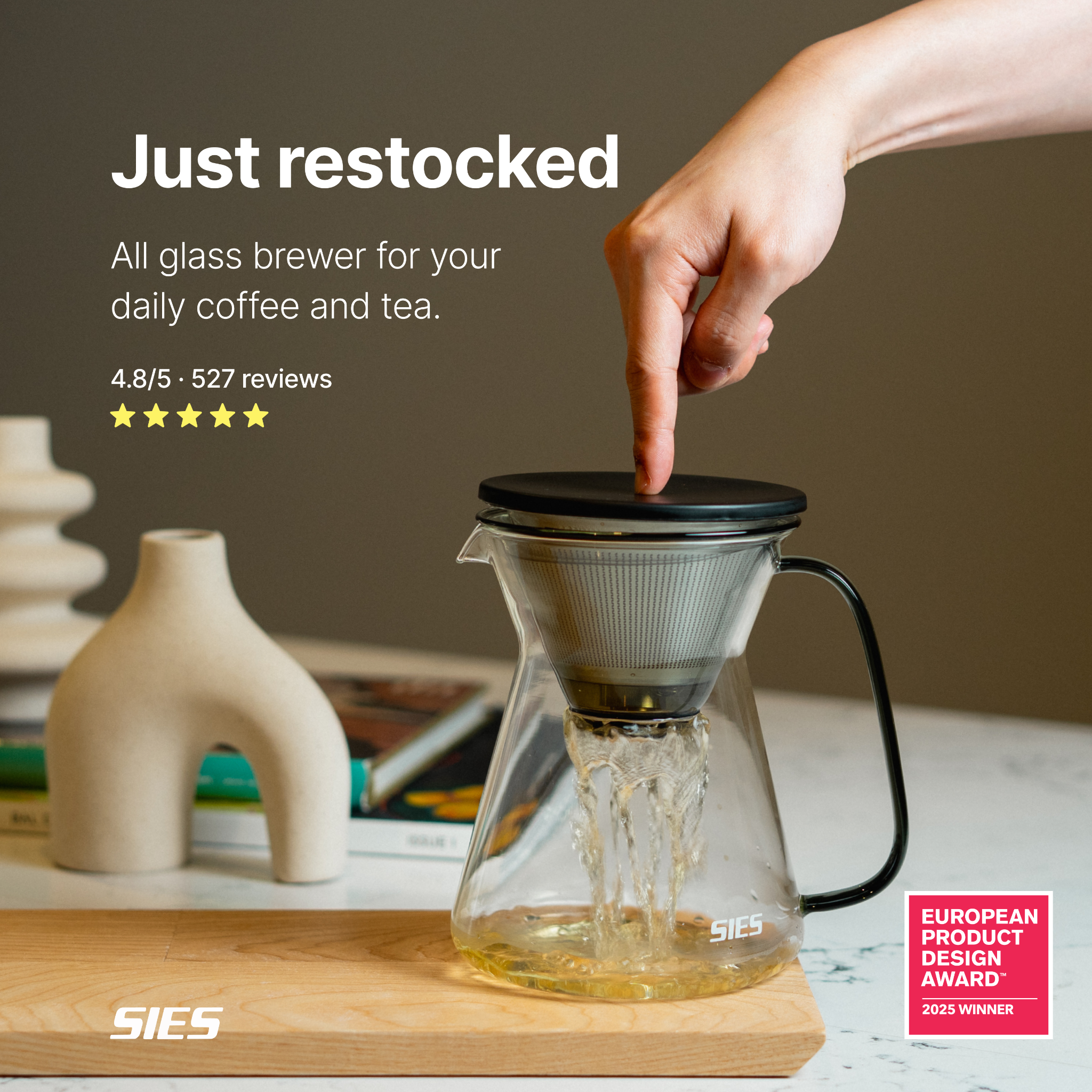 SIES Products Facebook ad: In Stock: all glass hybrid tea & coffee brewer