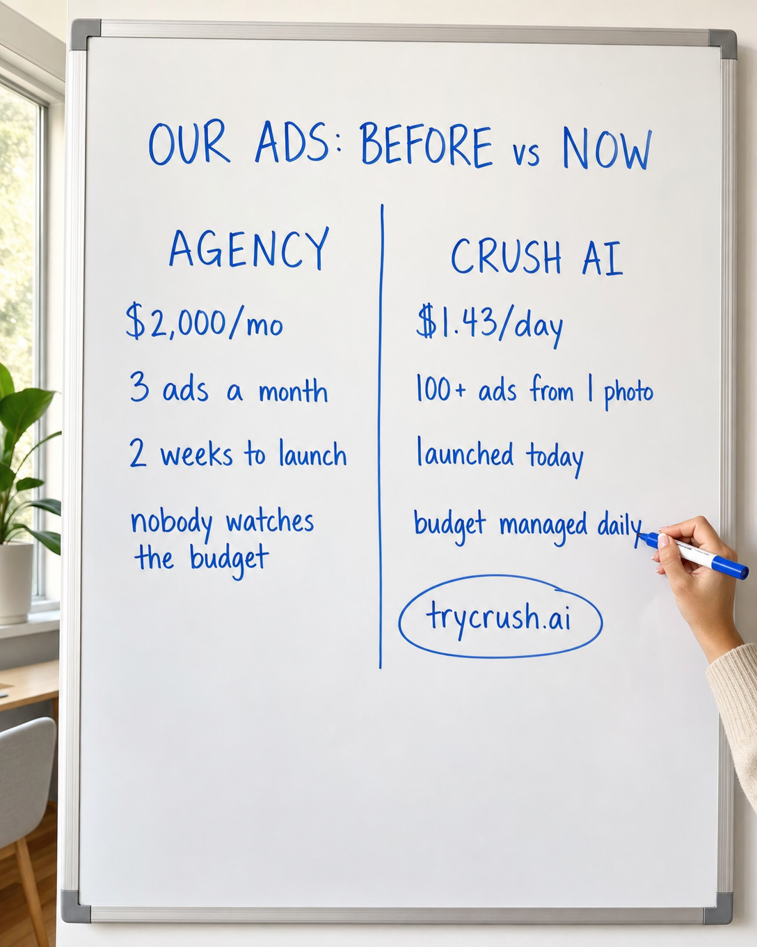 trycrush.ai Facebook ad: Agency vs Crush AI