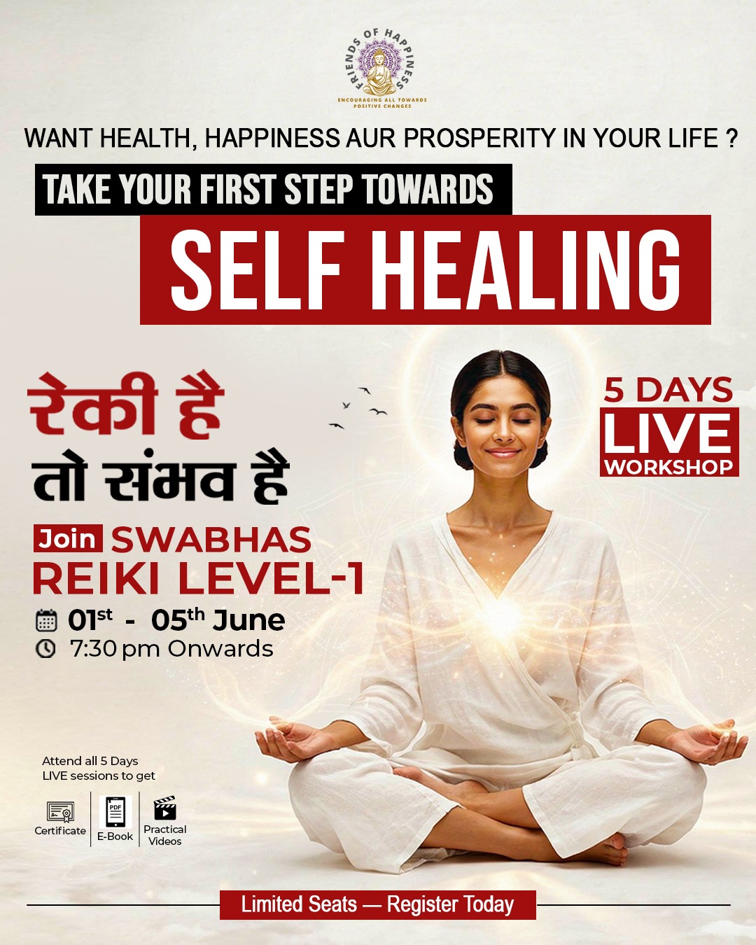 Friends of Happiness Facebook ad: FREE Reiki Workshop, Join Now