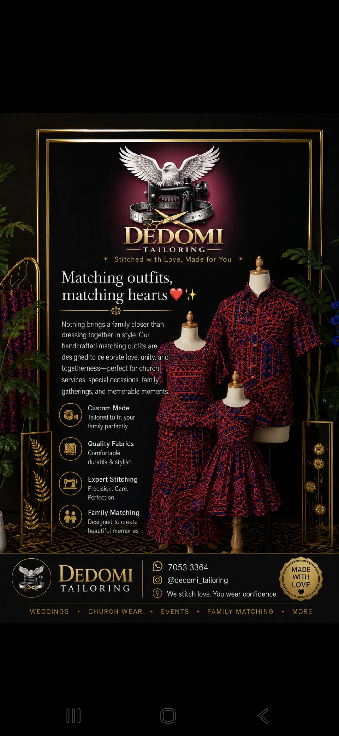 Dedomi Tailoring Facebook ad: At Dedomi Tailoring, we bring your fashion ideas…