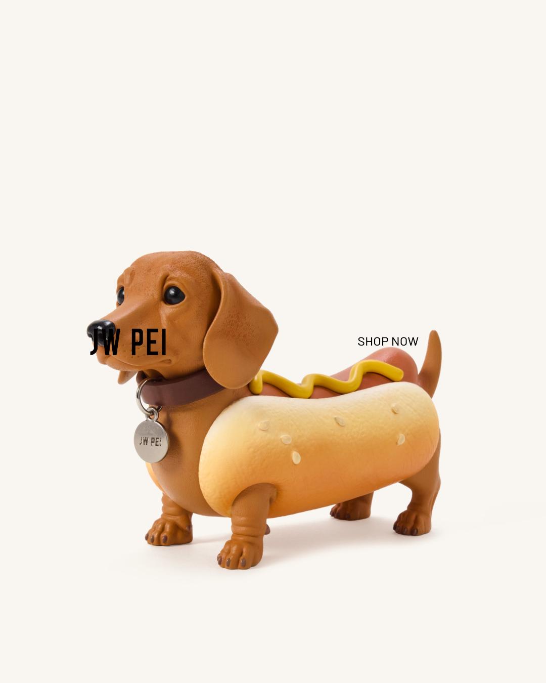JW PEI Facebook ad: Dachshund Hot Dog Bag - Brown/Yellow
