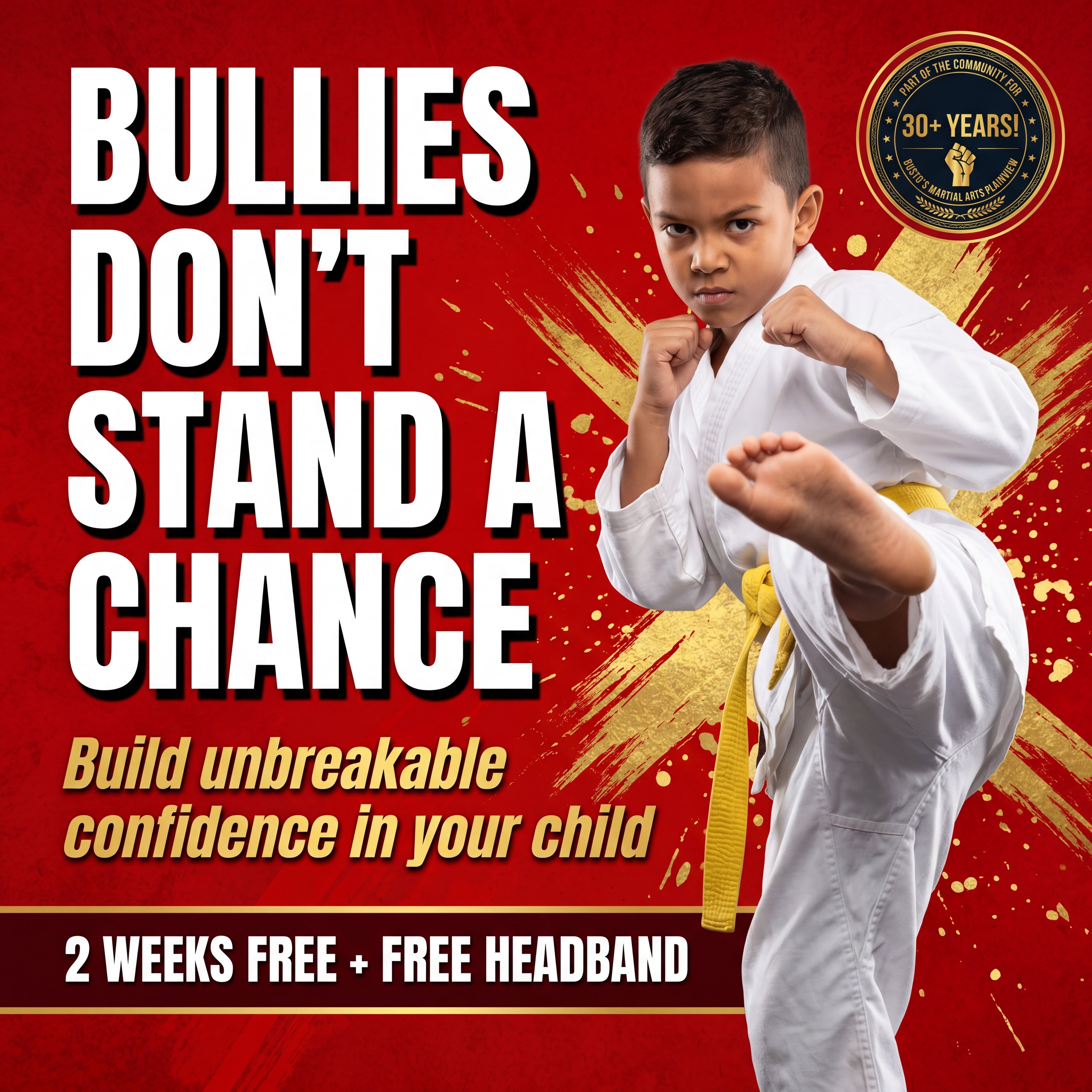 Busto's Martial Arts Facebook ad: 2 Free Weeks of Kids Karate + Free Headband