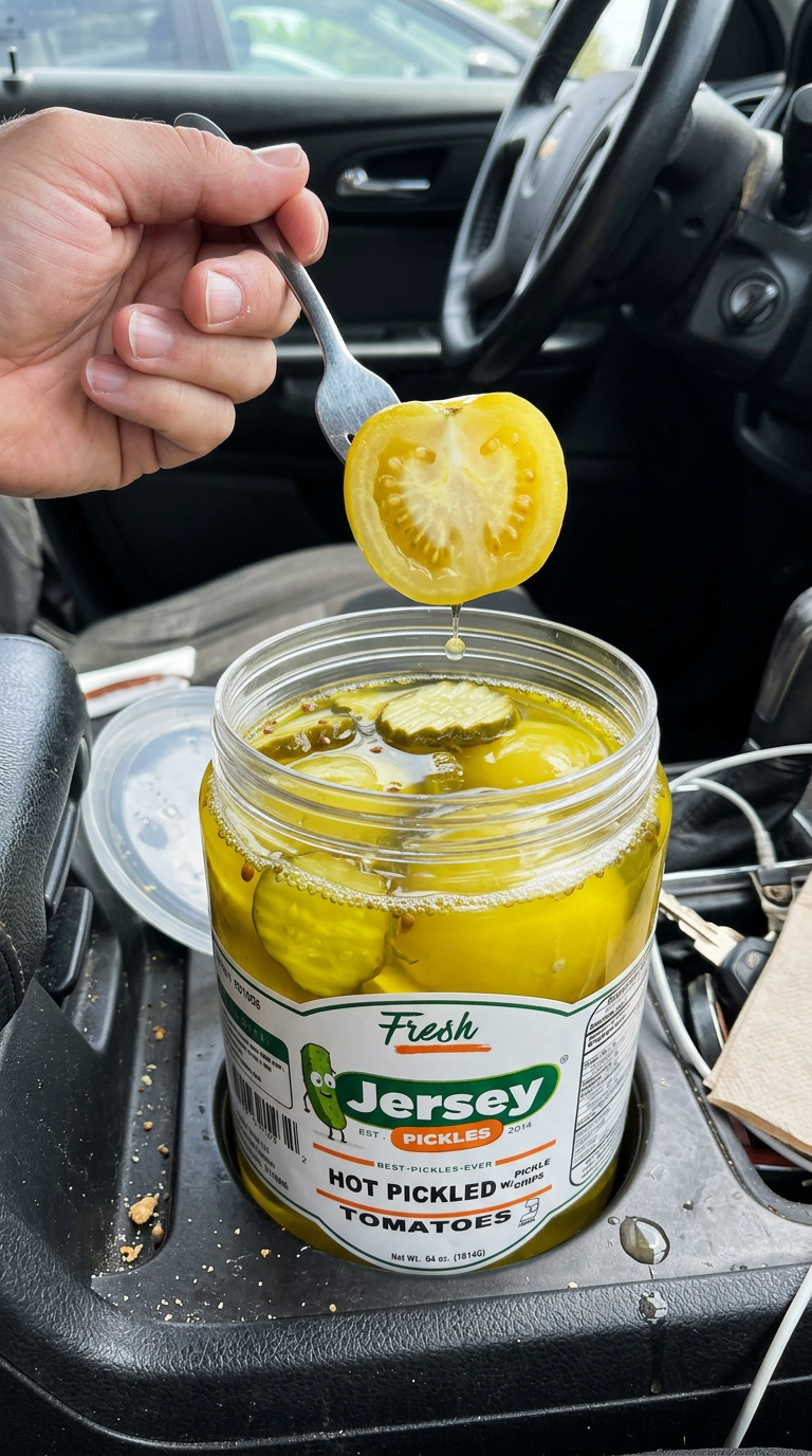 Jersey Pickles Facebook ad: Pickled Tomatoes. In Your Car. Genius.