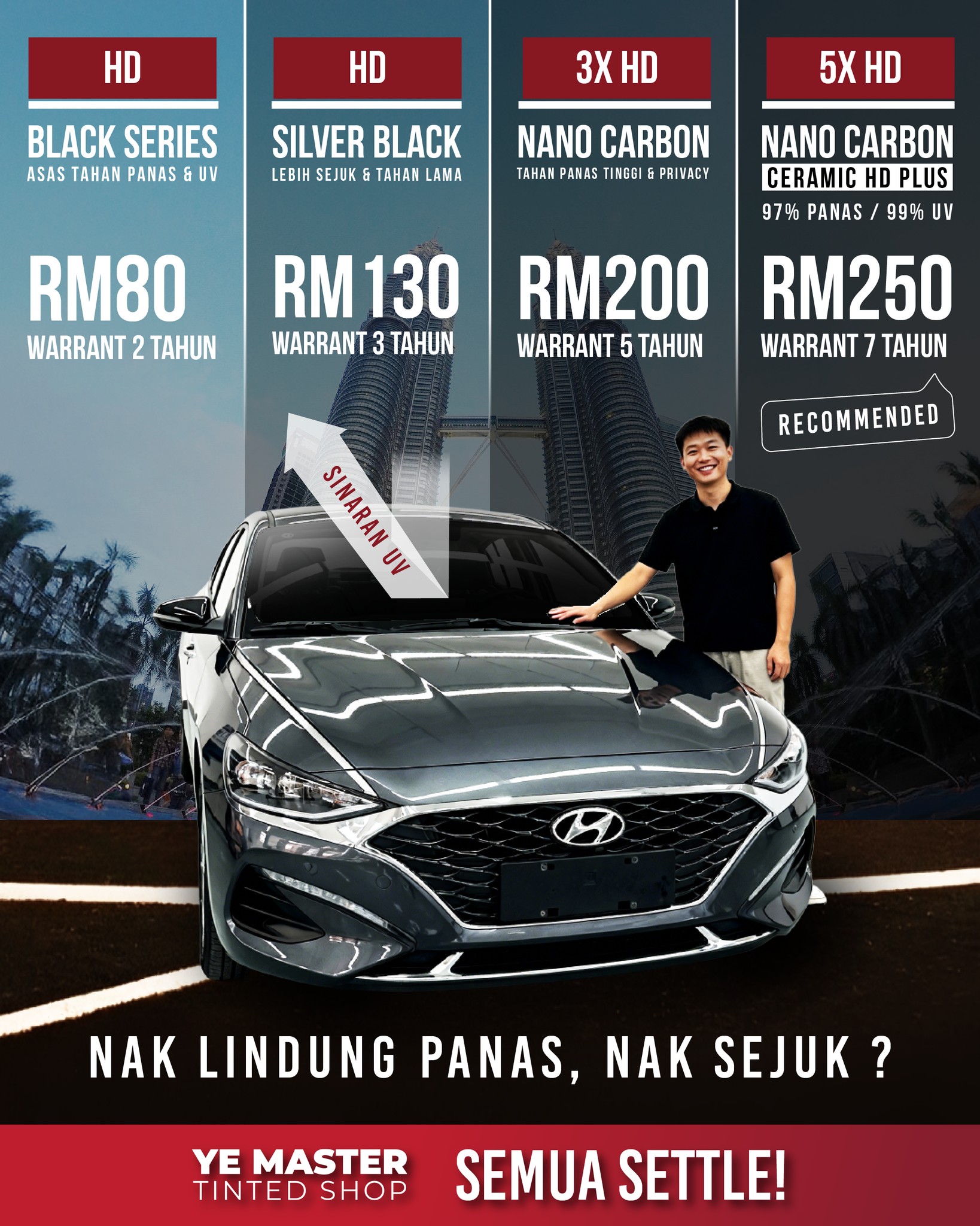 YE Master Tinted Shop Facebook ad: Penat kena panas setiap kali drive?
