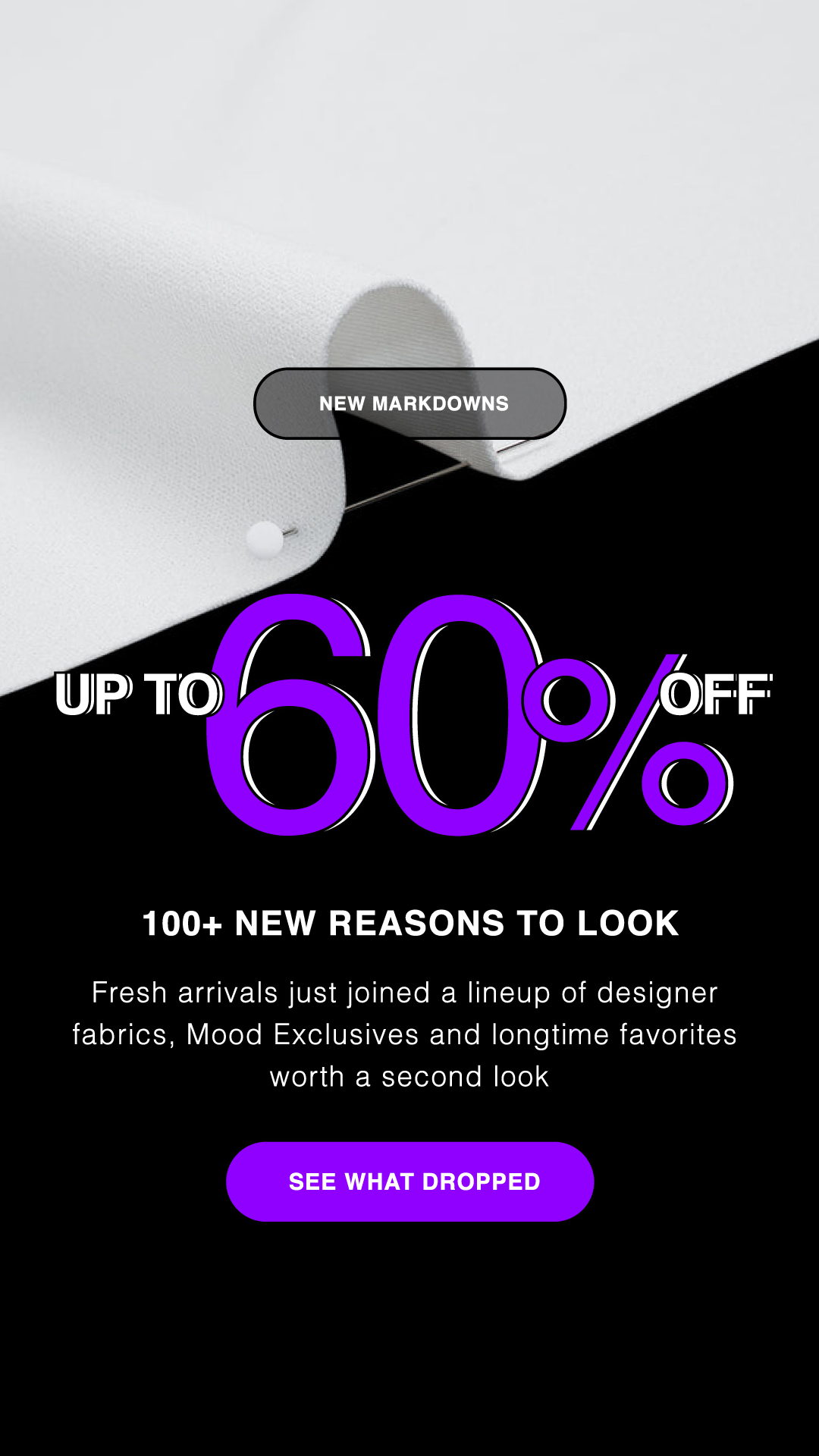 Mood Designer Fabrics Facebook ad: Up To 60% Off