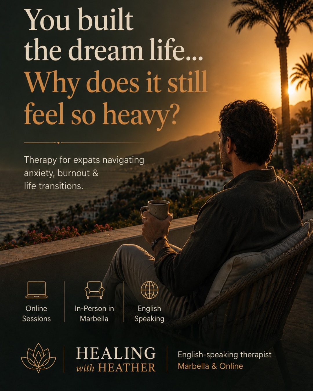 Healing With Heather Facebook ad: English Speaking Therapist - Online Therapy for Expats