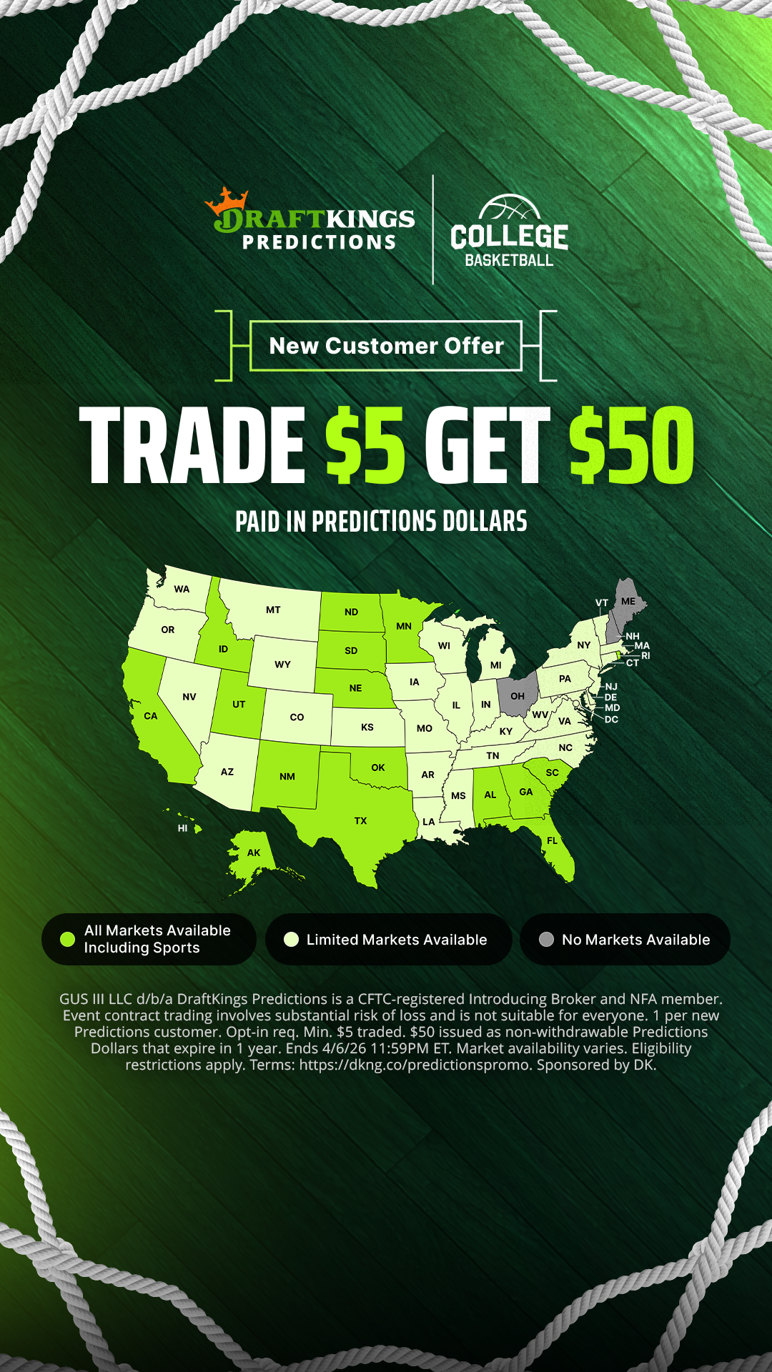 DraftKings Predictions Facebook ad from Mar 18, 2026