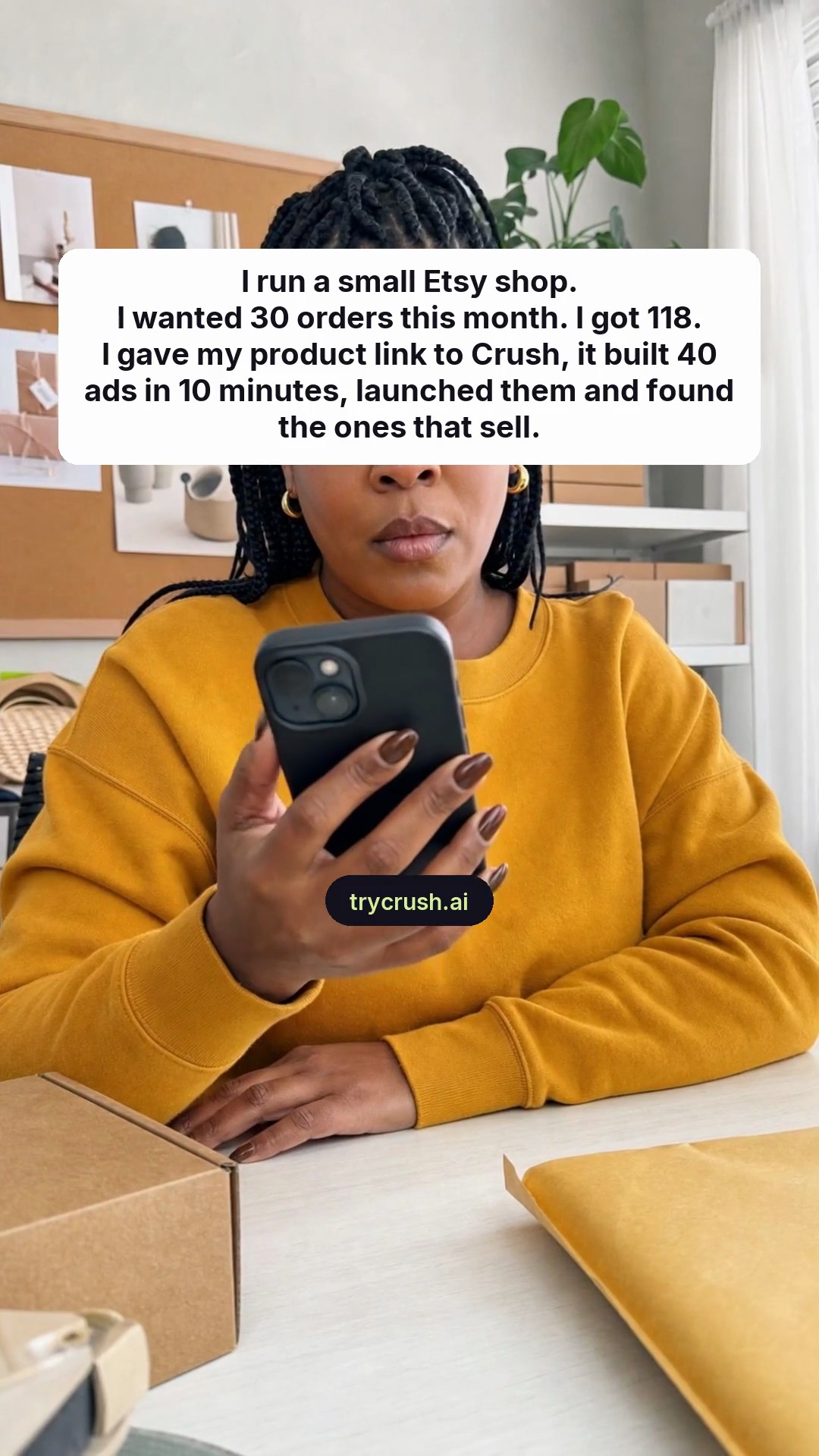 trycrush.ai Facebook ad: I wanted 30 orders. I got 118.