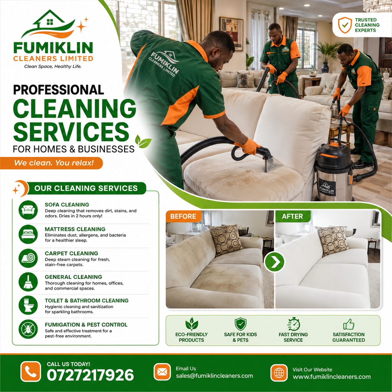 Fumklin Cleaners & Fumigators Limited Facebook ad: KSh 500 per seat/Fast Drying