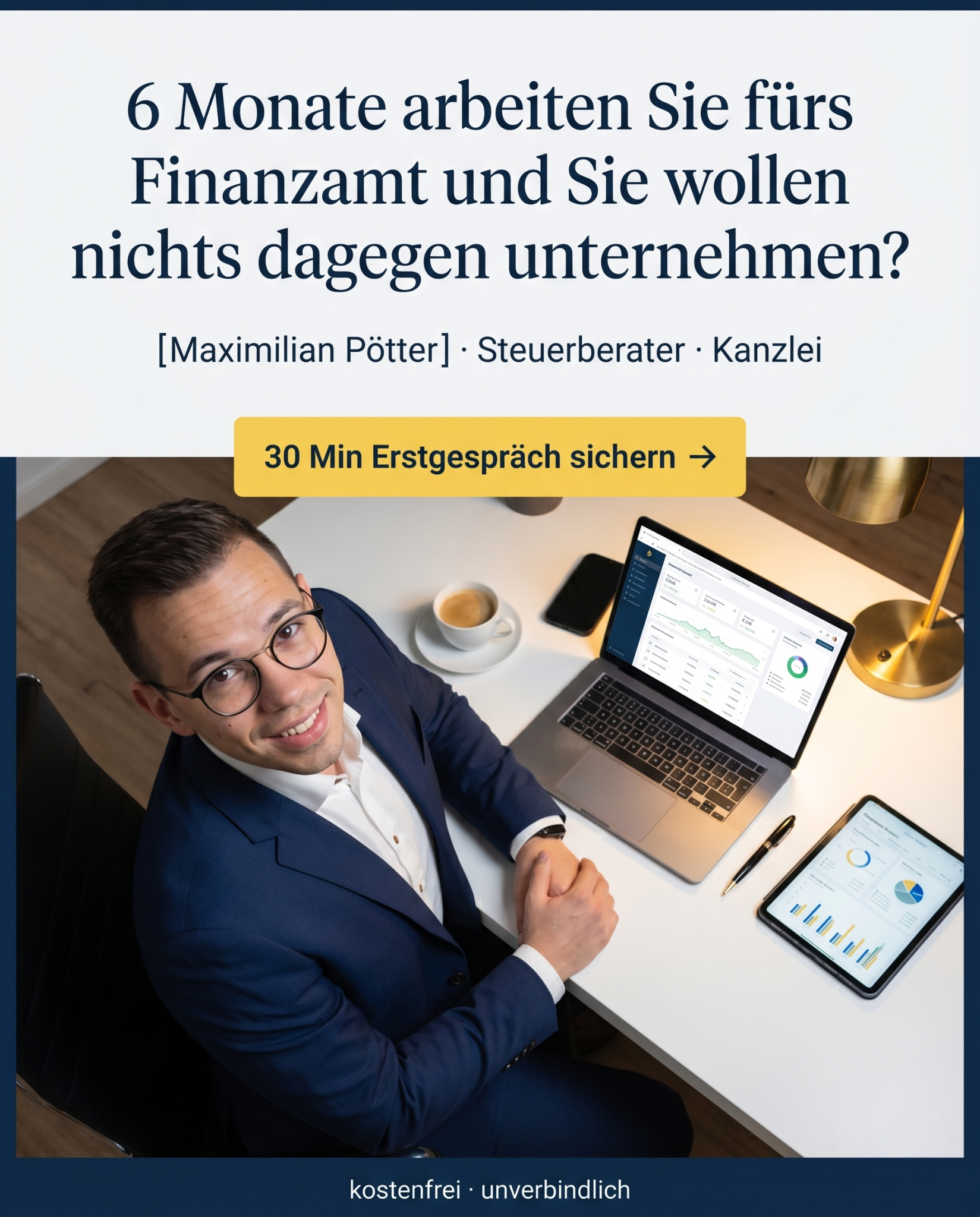 StB Pötter Facebook ad: Steuern halbieren als Einzelunternehmer, legal