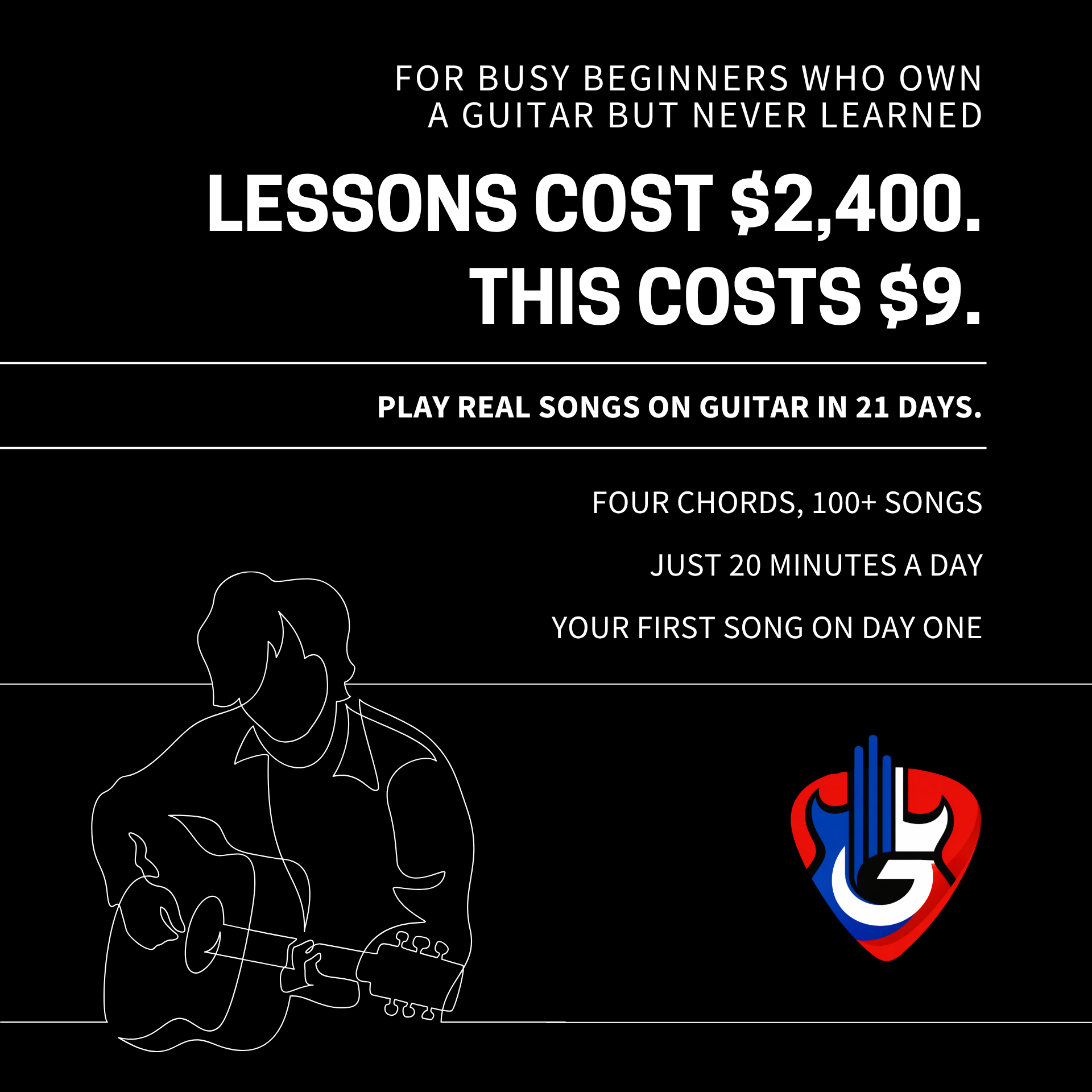 Lean Guitarist Facebook ad: $9 Unlocks 100+ Guitar Songs Today