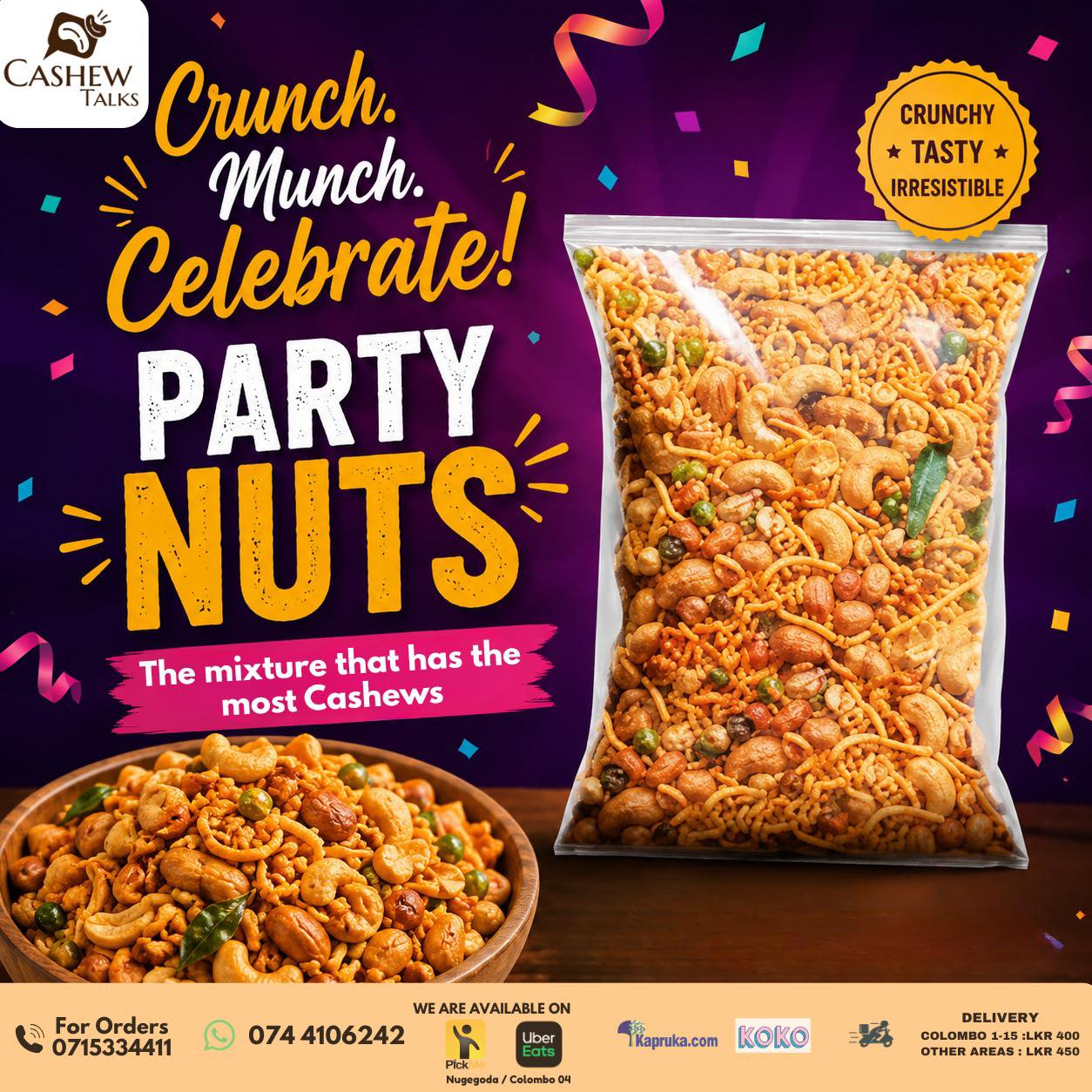 Cashew Talks Facebook ad: Crunch. Munch. Celebrate!