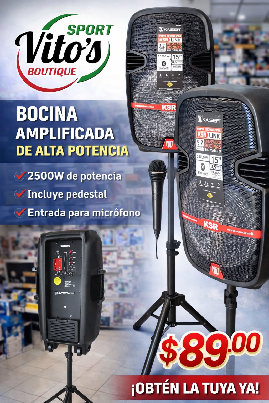 Vito's Sport Boutique SV Facebook ad: PARLANTE KAISER 15 CON PEDESTAL Y MICRÓFONO
