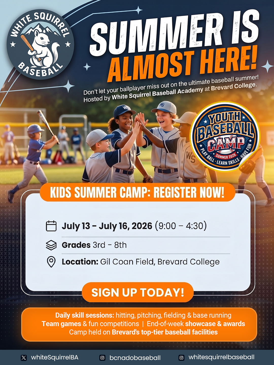 White Squirrel Baseball Academy Facebook ad: Youth Baseball Camps Open Now