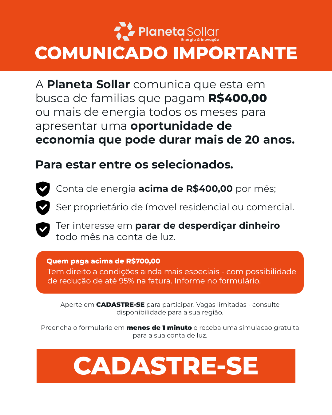 Planeta Sollar Facebook ad: Toque em Saiba Mais e fale com um especialista!