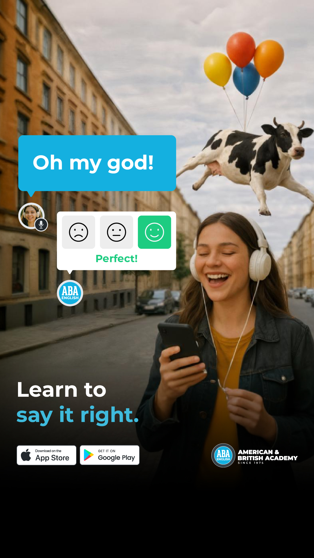 ABA English Facebook ad: Télécharge l’app et parle anglais.
